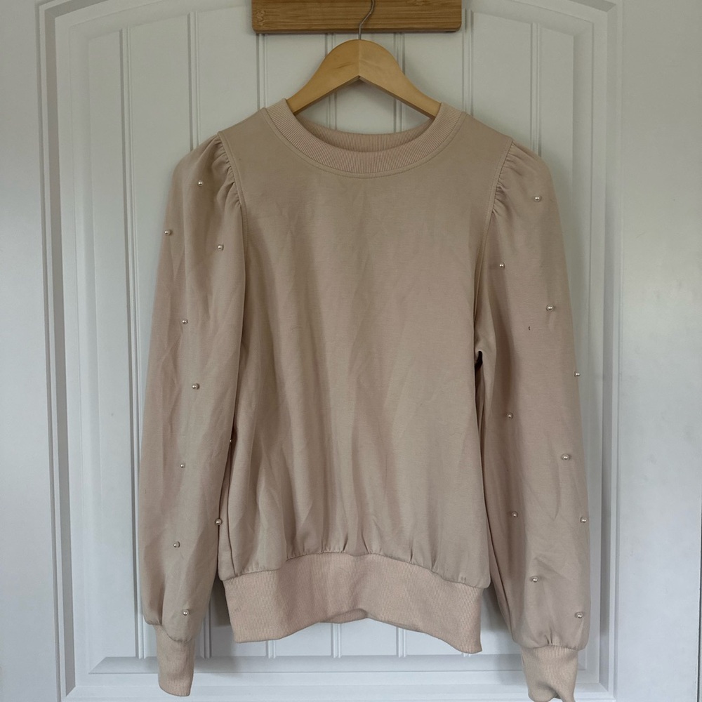 Beige Pearl-Embellished Sweatshirt